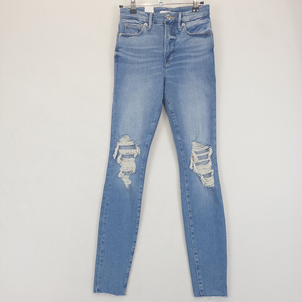 Good American Skinny Jeans Distressed Raw Hem High Rise Women 0/25 Stretch Blue